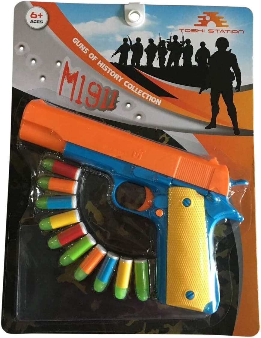 Toshi Station 1911 Toy Gun with Soft Bullets and Ejecting Magazine. Actual Size of Colt M1911 with Slide Action Orange Barrel for Training or Play