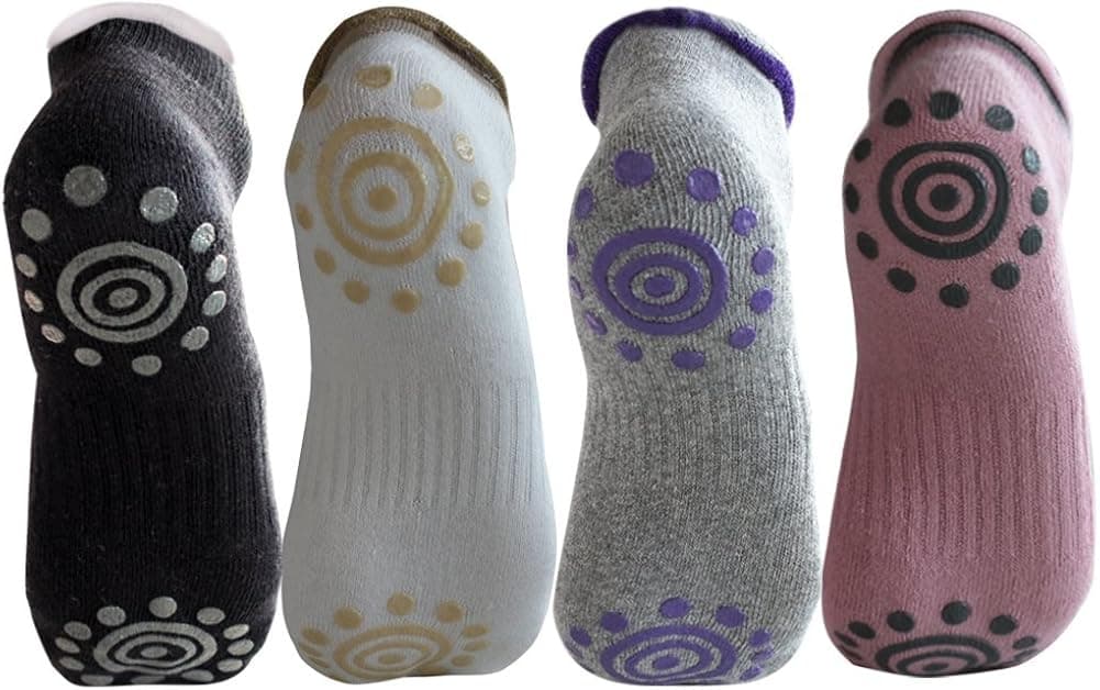 WindFeel Anti-Slip Grip Socks for Yoga Pilates Socks Made of Breathable Absorbent Cotton for Women Pack of 4 Pairs (White, Pink, Black, Grey)