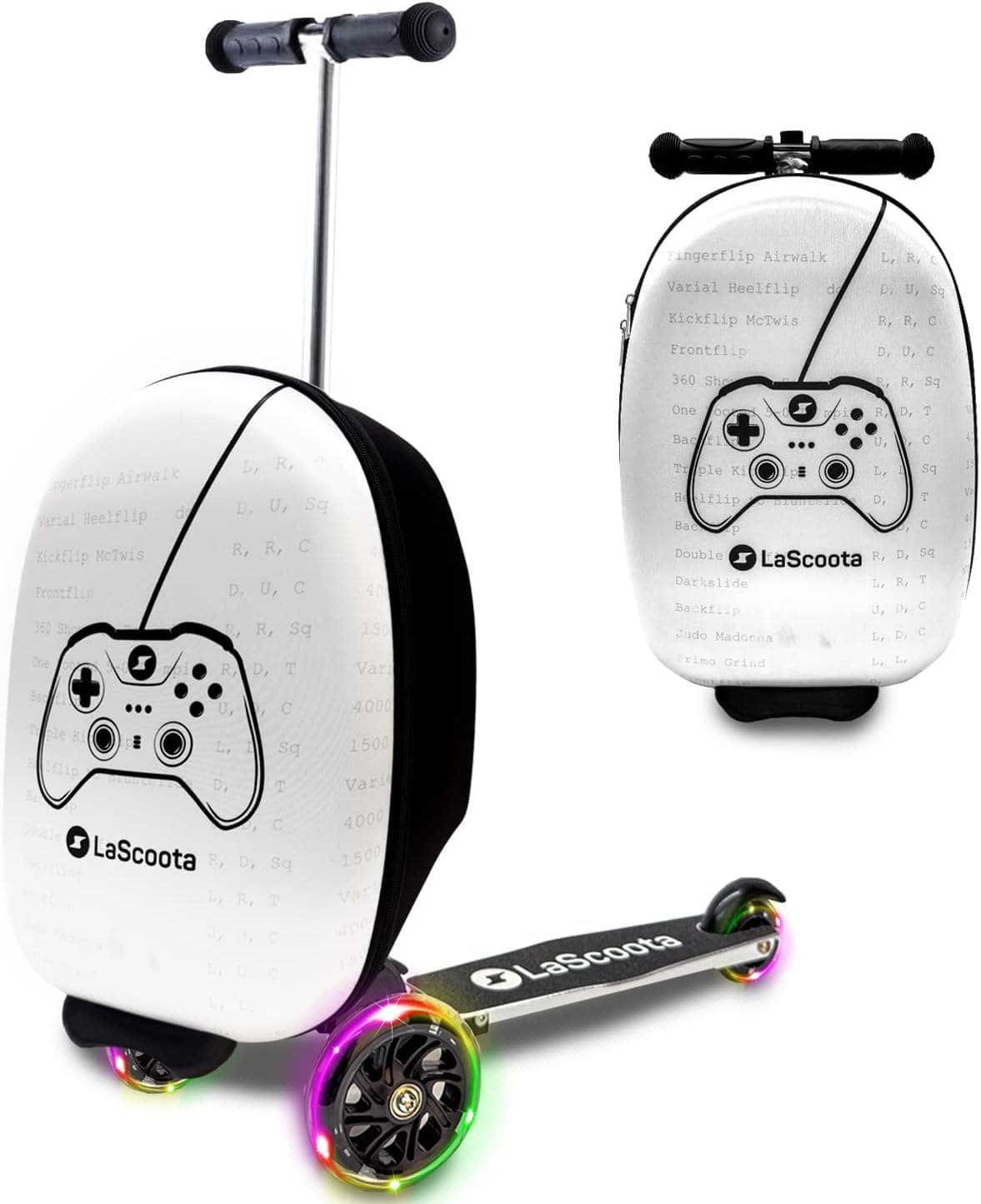 Lascoota Scooter Suitcase, Foldable Scooter Luggage For Kids - Lightweight Kids Ride on Luggage Scooter, LED Lights - Video Game Graphic Suitcase Scooter, Ride On Suitcase for Kids Ages 4-8