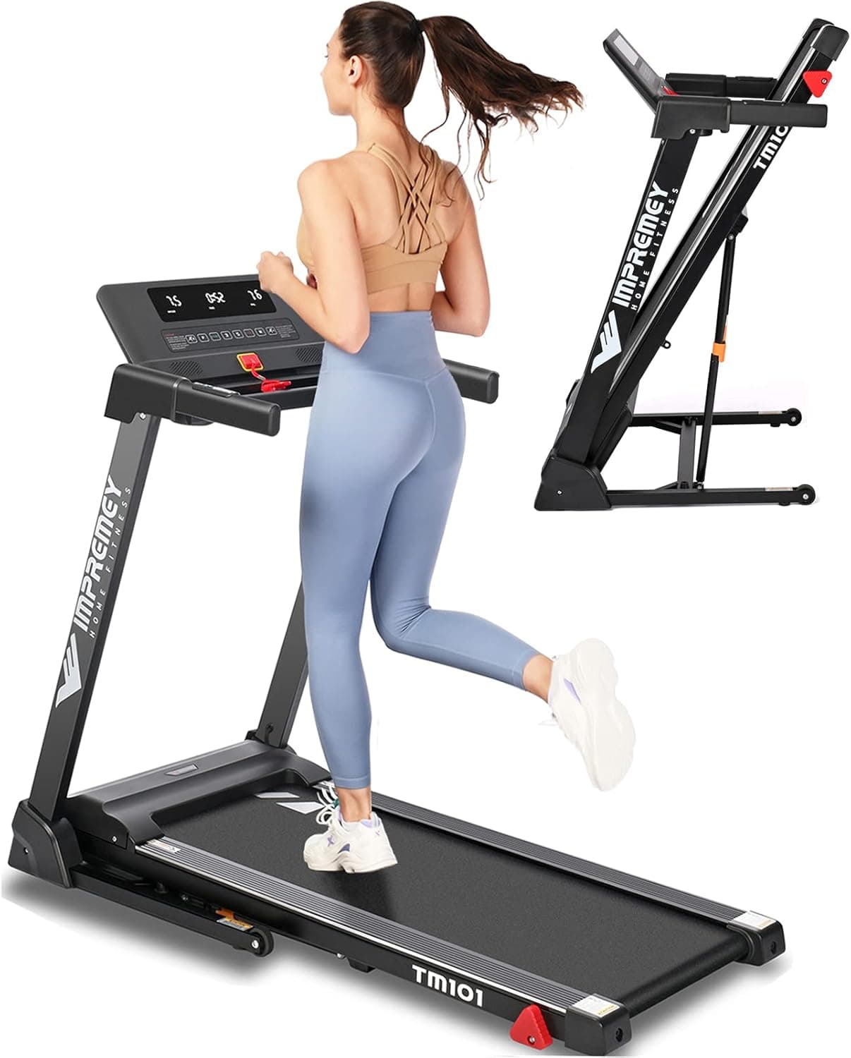 Impremey Folding Treadmill with Incline, Electric Treadmill with 42” x 16” Ultra Large Running Belt, Heart Rate Monitor, Easy Accembly, 64 Preset Programs, 7.5 Mph Speed, Wireless Speaker for Home Gym