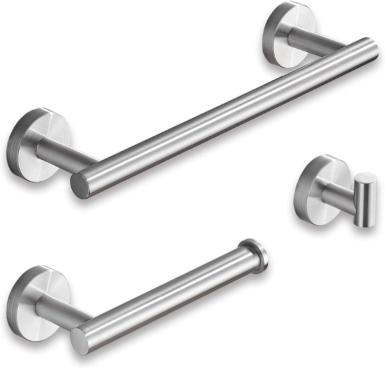 3-Pieces Bathroom Hardware Sets Brushed Nickel Contemporary Style SUS304 Stainless Steel Wall Mounted Includes 12" Towel Bar, Toilet Paper Holder,Robe Hooks
