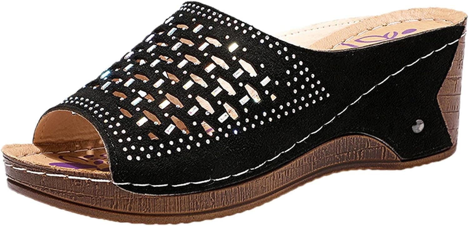 oiangi Rhinestone Sandals for Women,Summer Comfy Mesh Breathable Shoes Fashion Open Toe Platform Wedge Casual Beach Sandals
