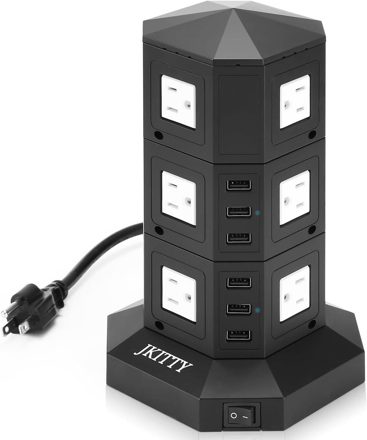 Tower Multi Outlet with USB Charging Station Surge Protector 6ft Long Cord Split Socket 3000W 8 Outlets 6 USB 2.4A Fast Charge Multi Plug Wall Adapter (3-level)