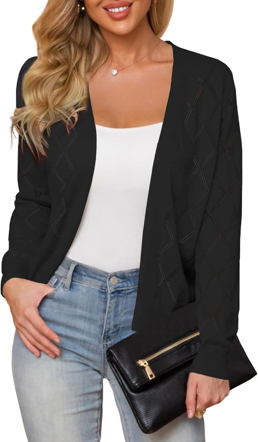 Plusashion Women's Lightweight Cardigan Open Front Long Sleeve Hollow Out Sweater (S-2X)