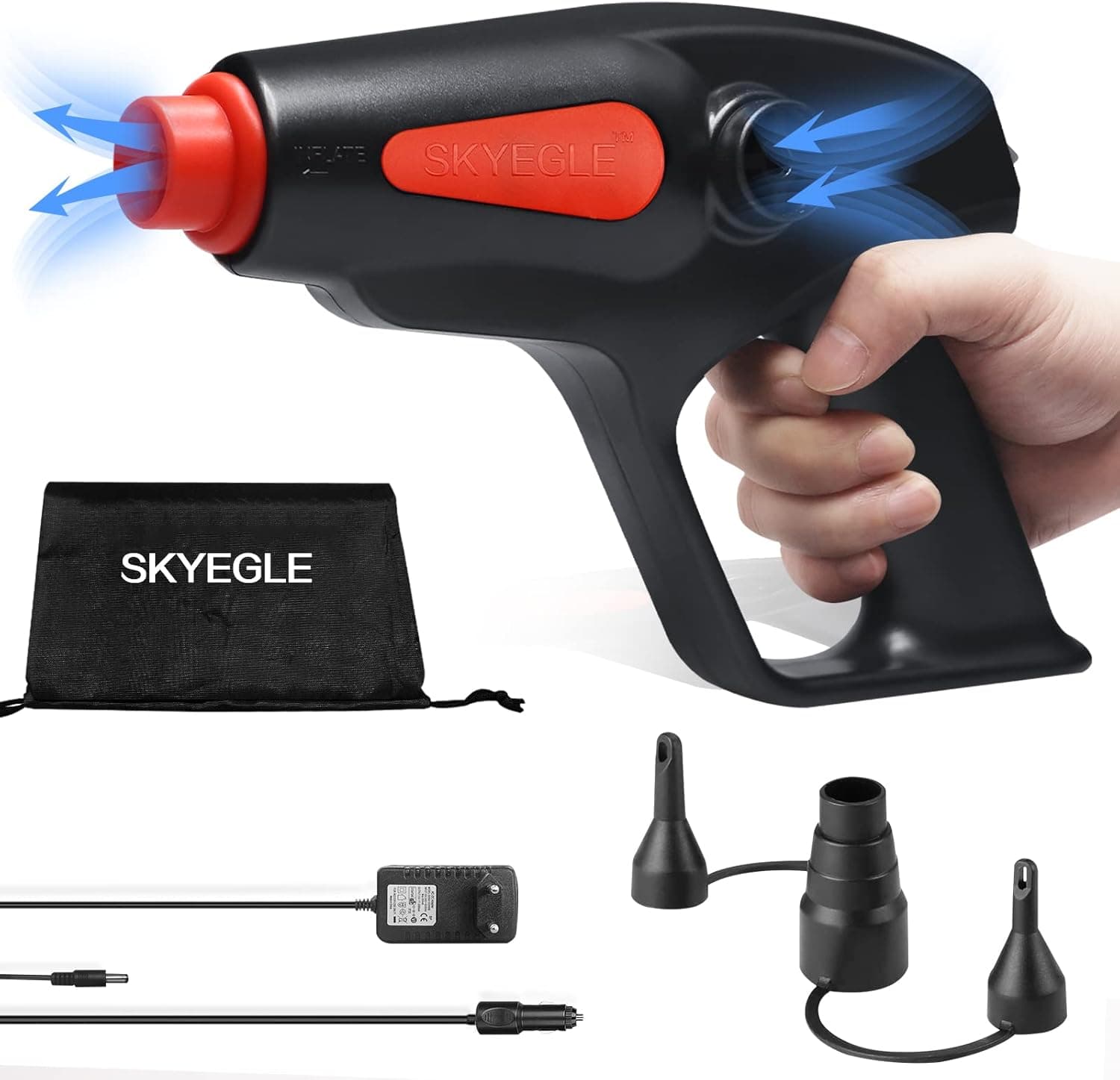 SKYEGLE Electric Air Pump for Inflatables,Portable Air Mattress Pump with 3 Nozzles,110V AC/12V DC,Hand Held Air Pumps for Outdoor,Airbed Swimming Pool,Pool Floats Inflator Deflator
