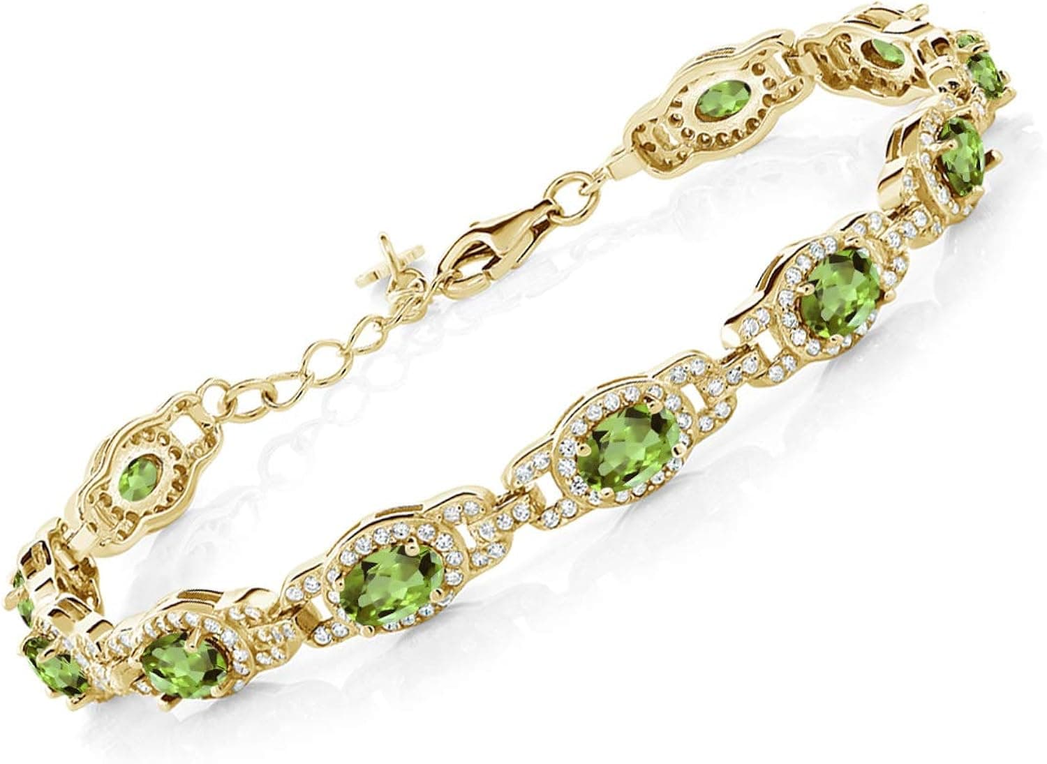 Gem Stone King 18K Yellow Gold Plated Silver Green Peridot Tennis Bracelet For Women (9.10 Cttw, Gemstone Birthstone, Oval 6X4MM, 7 Inch With 1 Inch Extender)