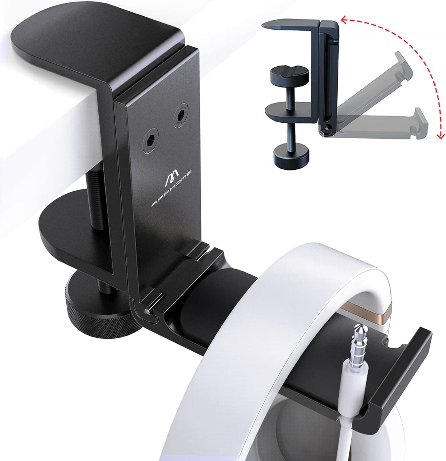 APPHOME Headphone Hook Desk, Headphones Stand Under Table Foldable Headset Holder Clamp Hanger Mount, Built in Cable Clip Organizer for PC Gaming, Office, Backpack Bag Purse Hanging