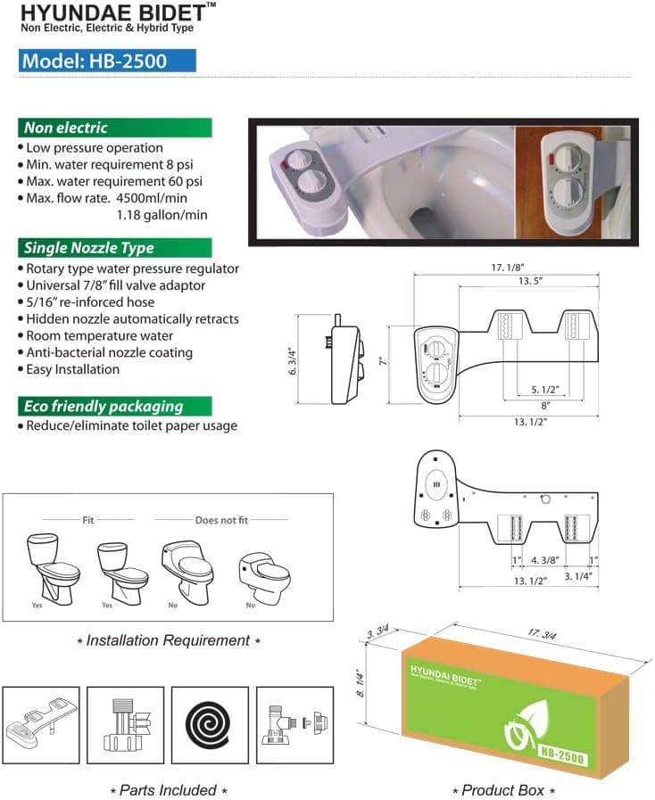 Hyundae Bidet HB-2500 Hot/Cold Water Non Electric Toilet Seat Attachment with Free Portable Travel Bidet
