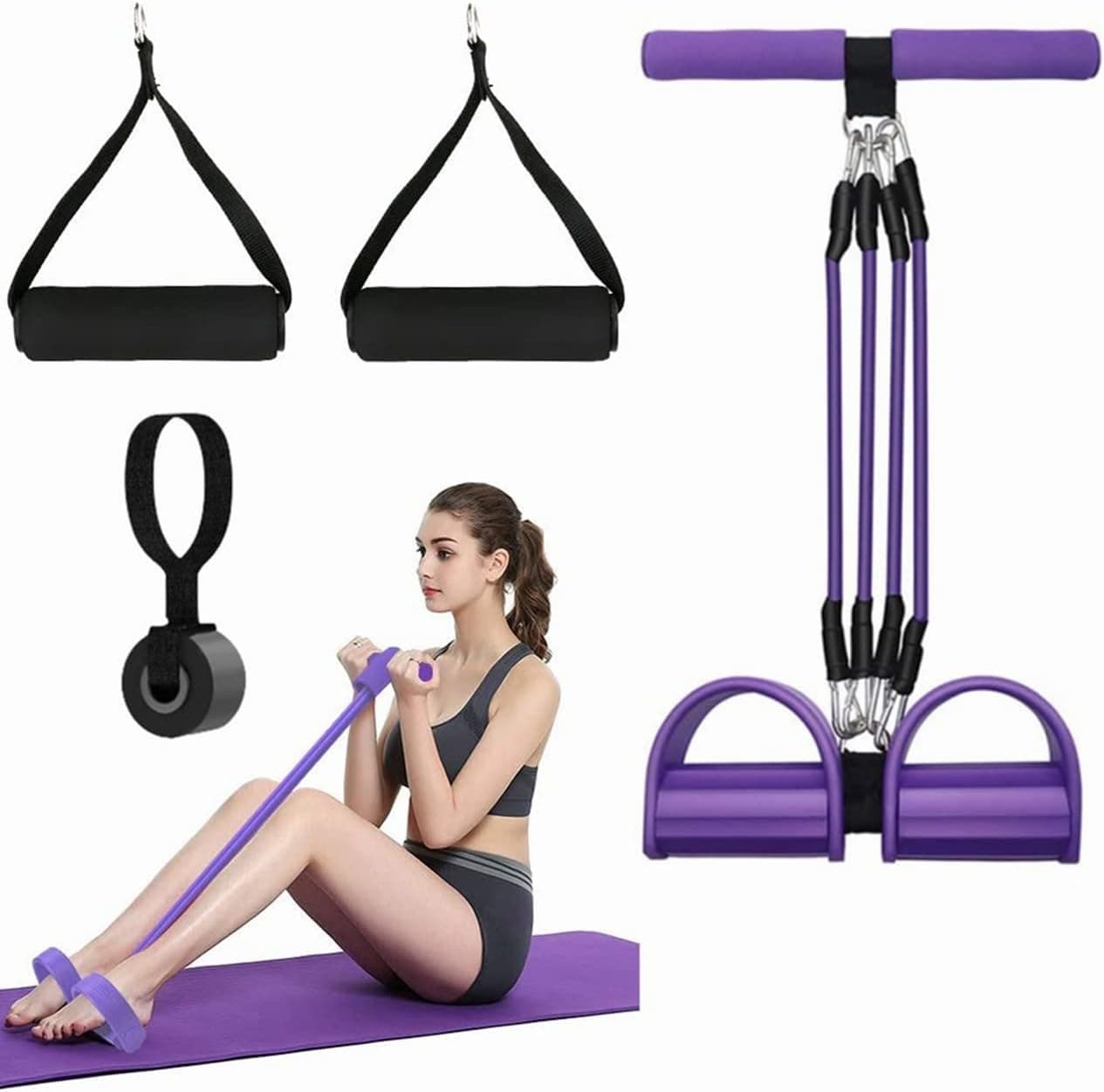 Pedal Resistance Band Multi-Function Resistance Fitness Bands Detachable 4 Tube Yoga Elastic Pull Rope Fitness Equipment for Abdomen Waist Arm Leg Stretching Slimming Training Home Fitness