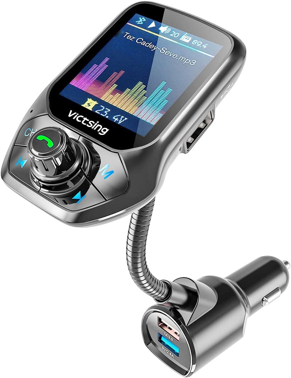 V5.0 Bluetooth FM Transmitter for Car, CONFASE Bluetooth Car Adapter Hands-Free Car Kit with 1.8 Inch Color Screen, QC3.0 Fast Charge, Auto Frequency Tuning and 5 EQ Modes, Support U Disk/TF Card/Aux