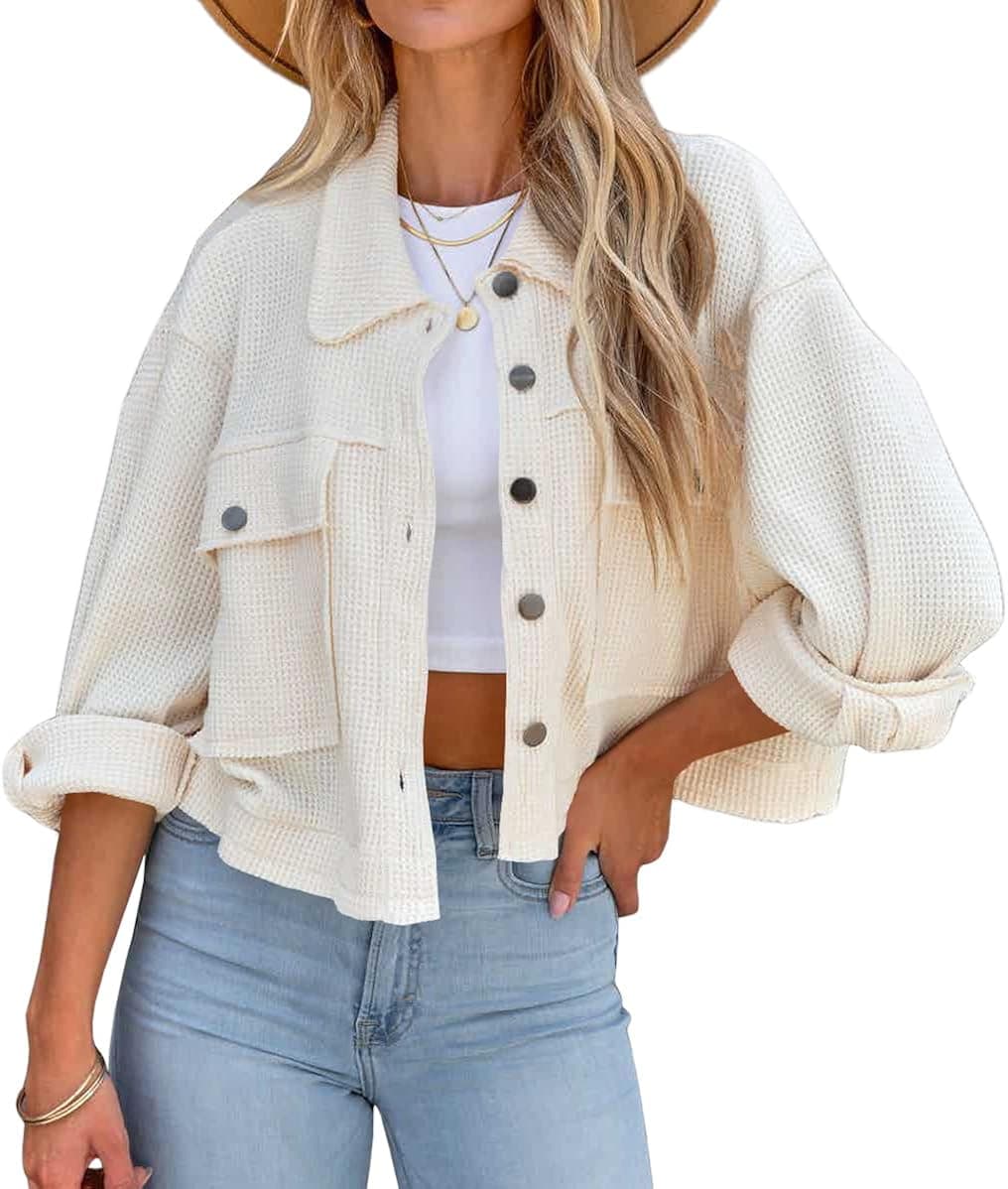 REVETRO Women's Waffle Knit Shacket Jacket Long Sleeve Crop Top Button Down Coat Shirts