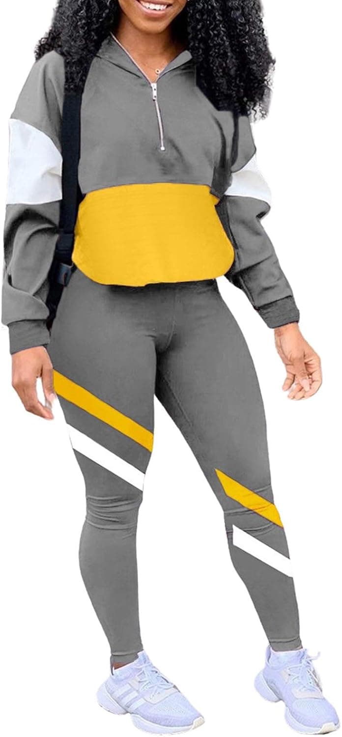 Kafiloe Women's 2 Piece Outfit Color Block 1/4 Zip Pullover Sweatshirt Bodycon Pants Tracksuit Sweatsuit Set