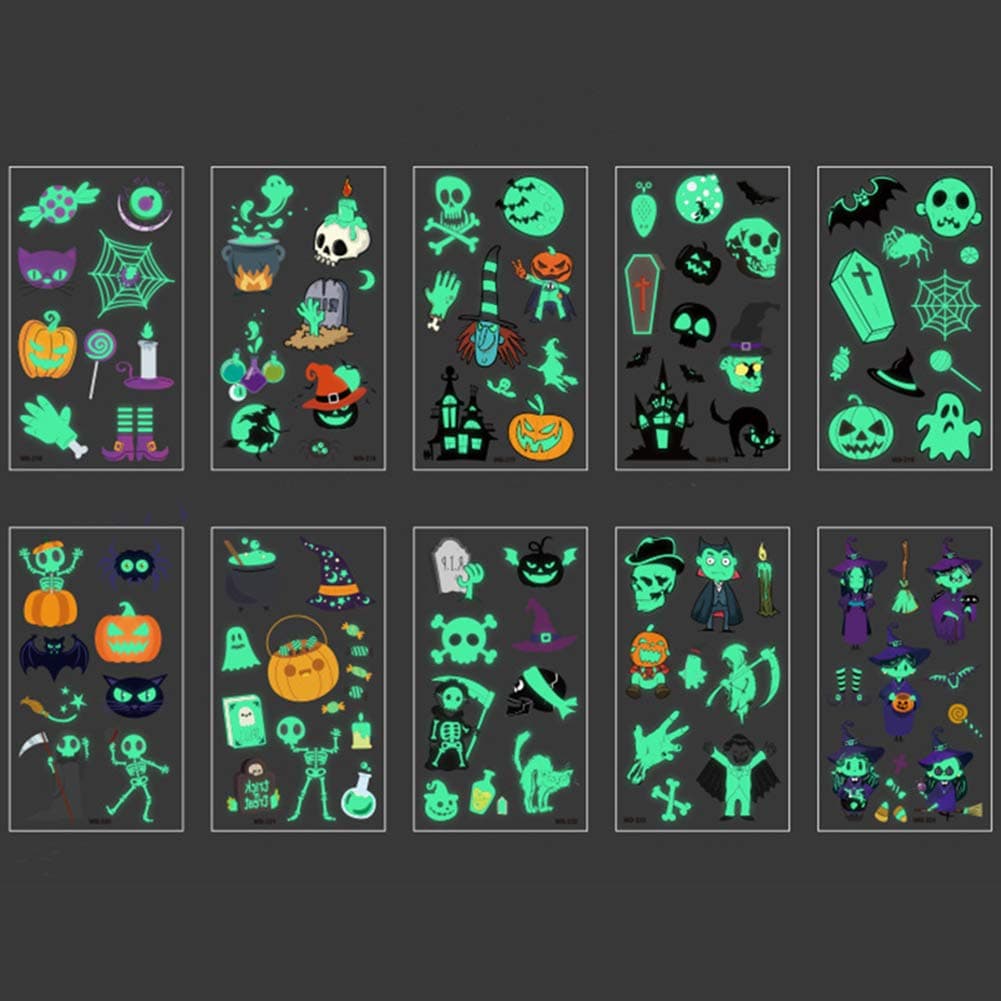 Kids Halloween Temporary Tattoo Stickers Glow in Darkness Children Temporary Tattoos for Face Body Arms Pumpkin Ghost Devil Skull Trick or Treat Water Transfer Stickers for Baby Boys Girls（10 Sheets）