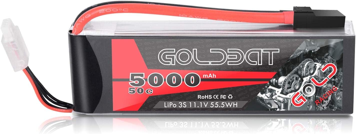 GOLDBAT 5000mAh 3S 11.1V 50C LiPo RC Battery Soft Pack with Tracxas Connector for Slash 4x4 vxl RC Car E-maxx Brushless Axial E-revo and Spartan Models (155x48x24mm) (1 Pack)