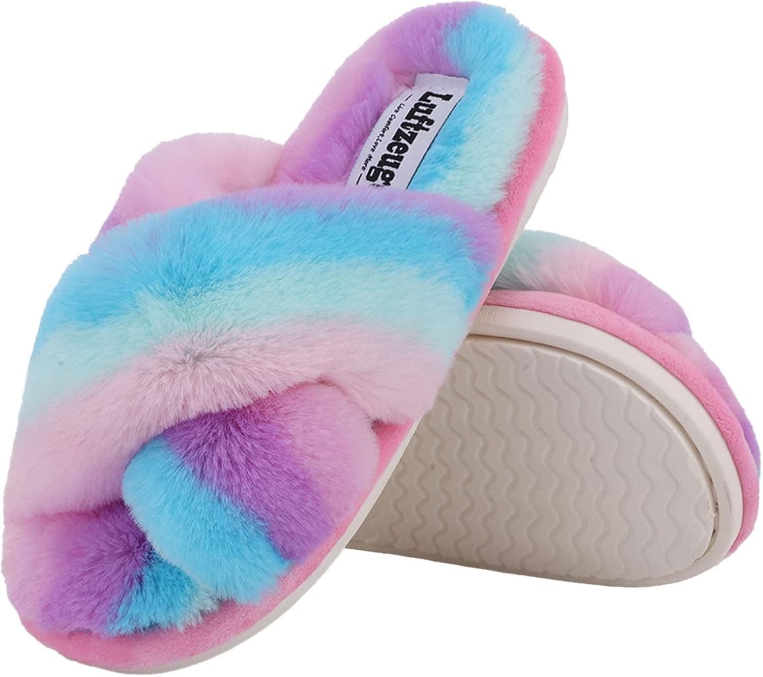 Soft Cross Band Fuzzy Slippers for Girls - Deluxe Memory Foam Open Toe Slippers for Girls, Girls Open Toe Slippers Rainbow Slippers for Girls Sizes, Made With Waterproof Non Slip Rubber Soles