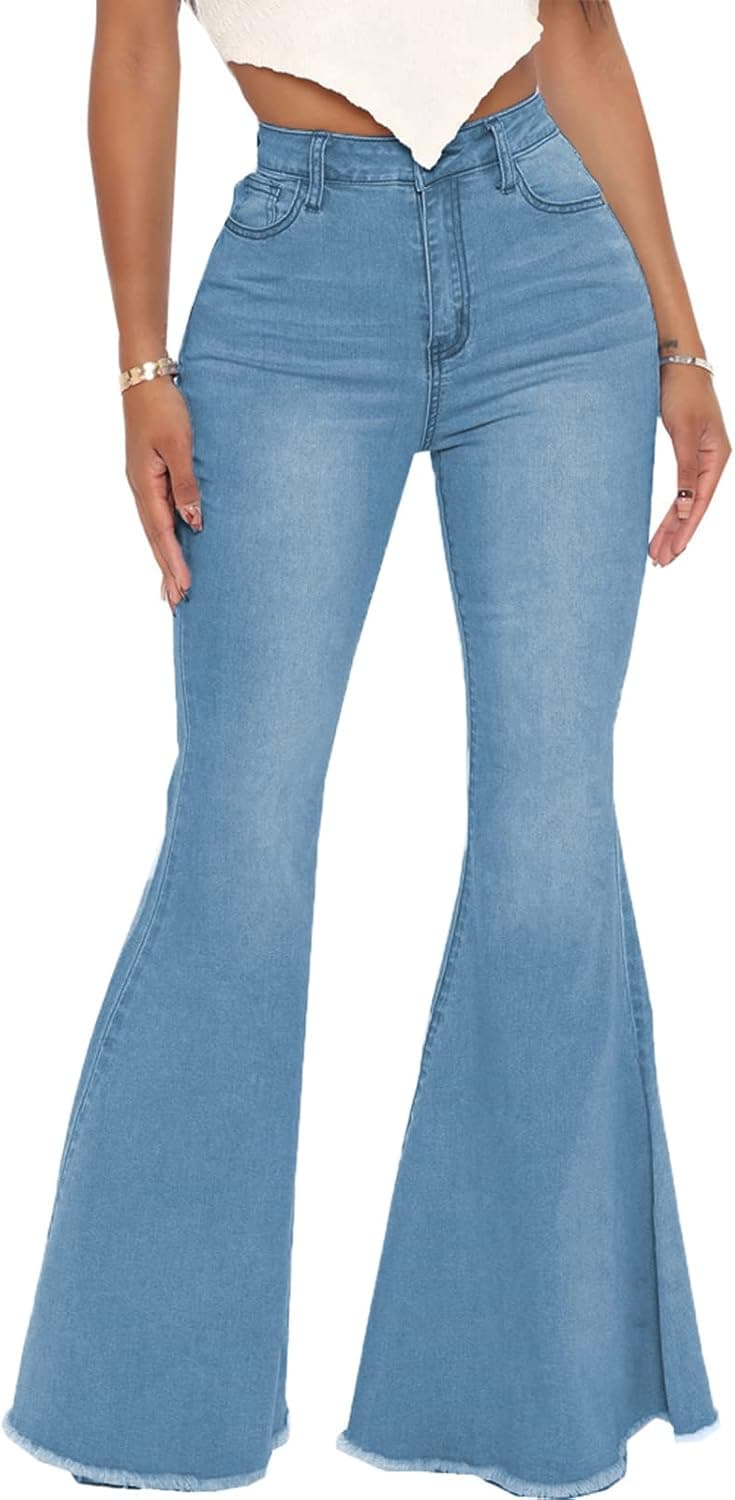 Women's Elastic Ripped Hole Classic Denim Bell Bottom Jeans