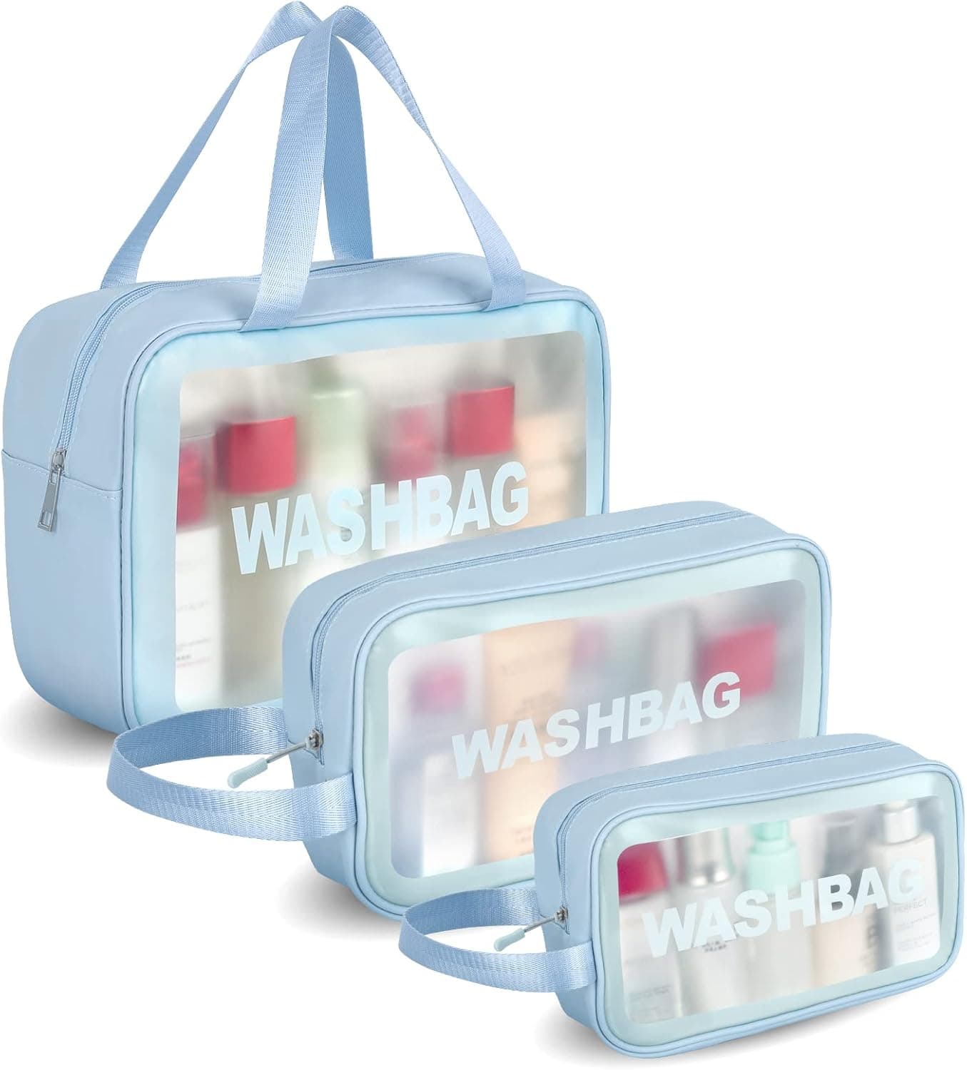 KARJIAJA Cosmetics Bag Toiletry Bag,Translucent Travel Bag Waterproof Makeup Bag for Toiletries (S M L set blue) (JKLXSB01)