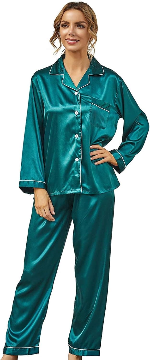 Nofaner Women's Silk Satin Pajamas, Soft Button Down Loungewear Nightwear Silk-like Pajamas 2 Piece Pajama Set