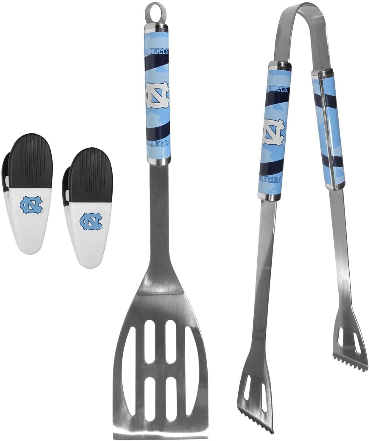 Collegiate University Two Piece Grilling Tools Set with 2 Magnet Chip Clips, College Tailgating Tools Bundle (North Carolina Tar Heels - Gray,)