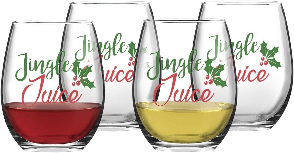 Jingle Juice Christmas Stemless Wine Glass Gift for Women Friends, 15 Oz Funny Stemless Wine Glasses Set for Red and White Wine, Gift Idea for Christmas Wedding Birthday Party Present, Set of 4