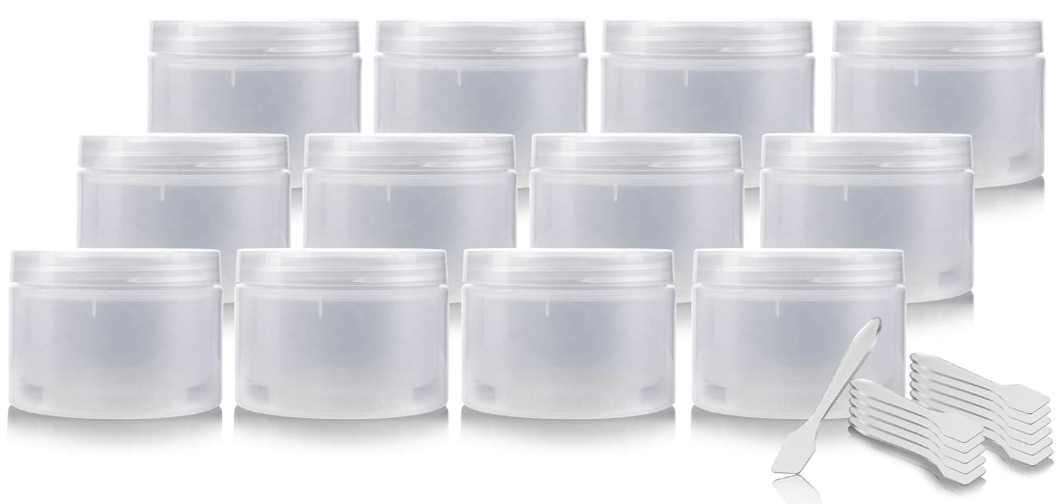 8 oz Natural Clear Double Wall Plastic Refillable Jar (12 Pack) + Spatulas