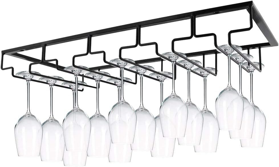 MOCOUM Wine Glasses Rack Under Cabinet Stemware Rack, Wine Glass Hanger Rack Wire Wine Glass Holder Storage Hanger for Cabinet Kitchen Bar (Black, 5 Rows 1 Pack)