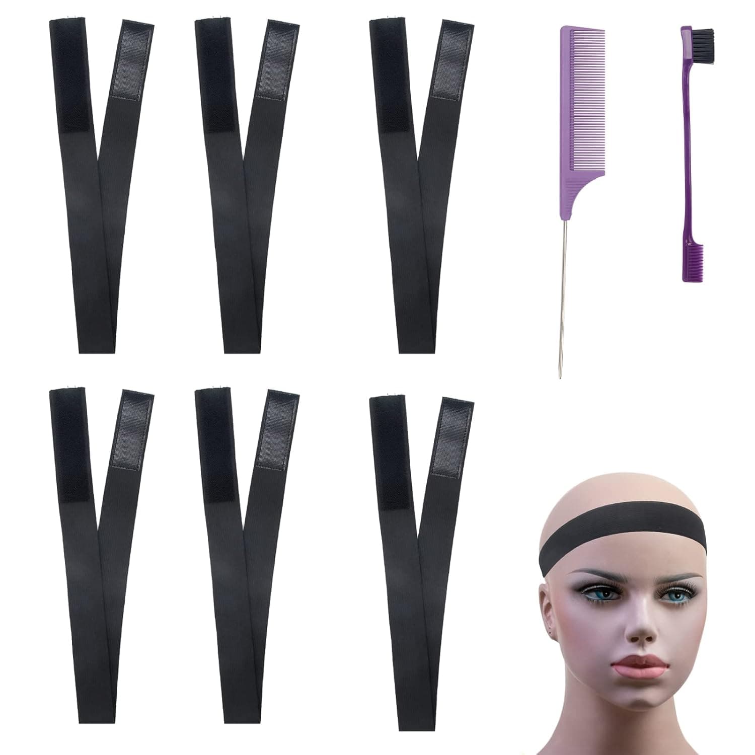 AngleKai 6 Pieces Elastic Bands for Wig Accessories, Black Wig Bands for Making Wigs Edges, Adjustable Elastic Bands for Making Wigs, Melting Lace