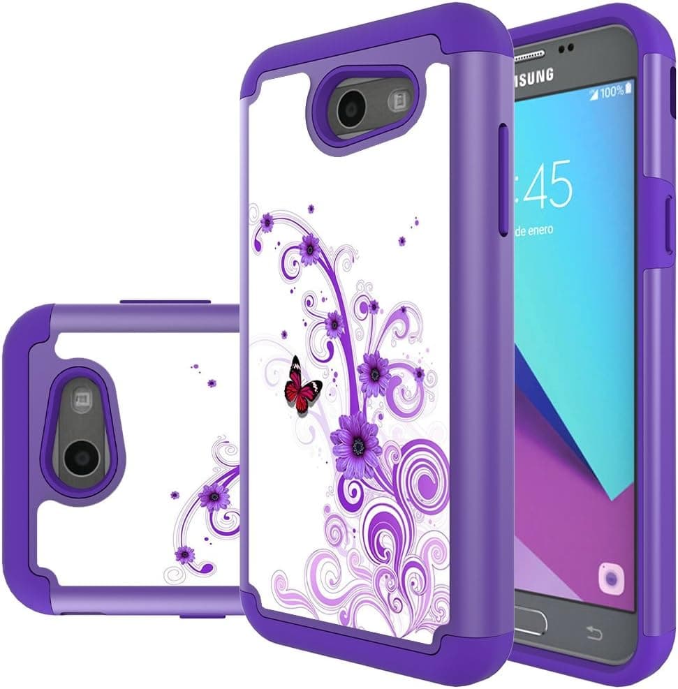 MicroP Samsung Galaxy J3 Mission / J3 Eclipse / J3 Emerge / J3Prime / J3 Luna Pro/Sol 2 / Amp Prime2 / Express Prime2 Case, Hybrid Dual Layer Silicone Phone Case for J3 2017(Purple Flower)