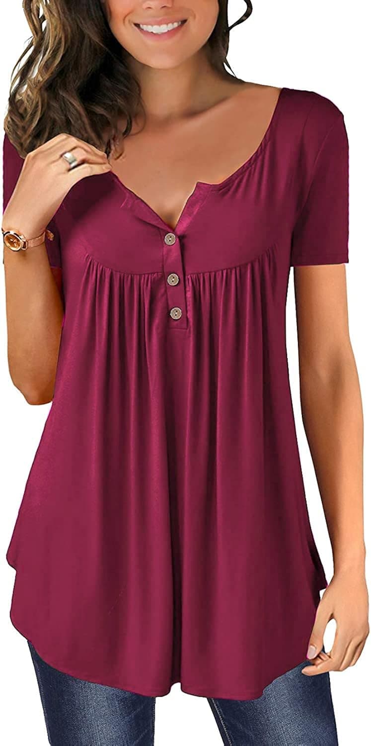 Womens Pleated Tunic Tops Scoop Neck Short Sleeve Loose Ruffle Button Up Blouse B-wine Red