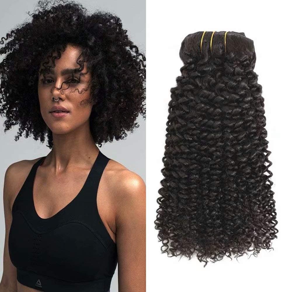HIKYUU 12" 60g 7pcs 4c Clip in Human Hair Extensions for Black Women #1B Natural Black Afro Curly Clip in Hair Extensions Double Weft