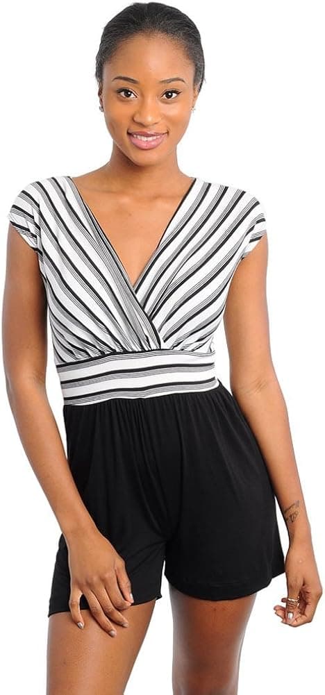 Stanzino Women's Two Tone V-Neck Cap Sleeve Romper Ivory S