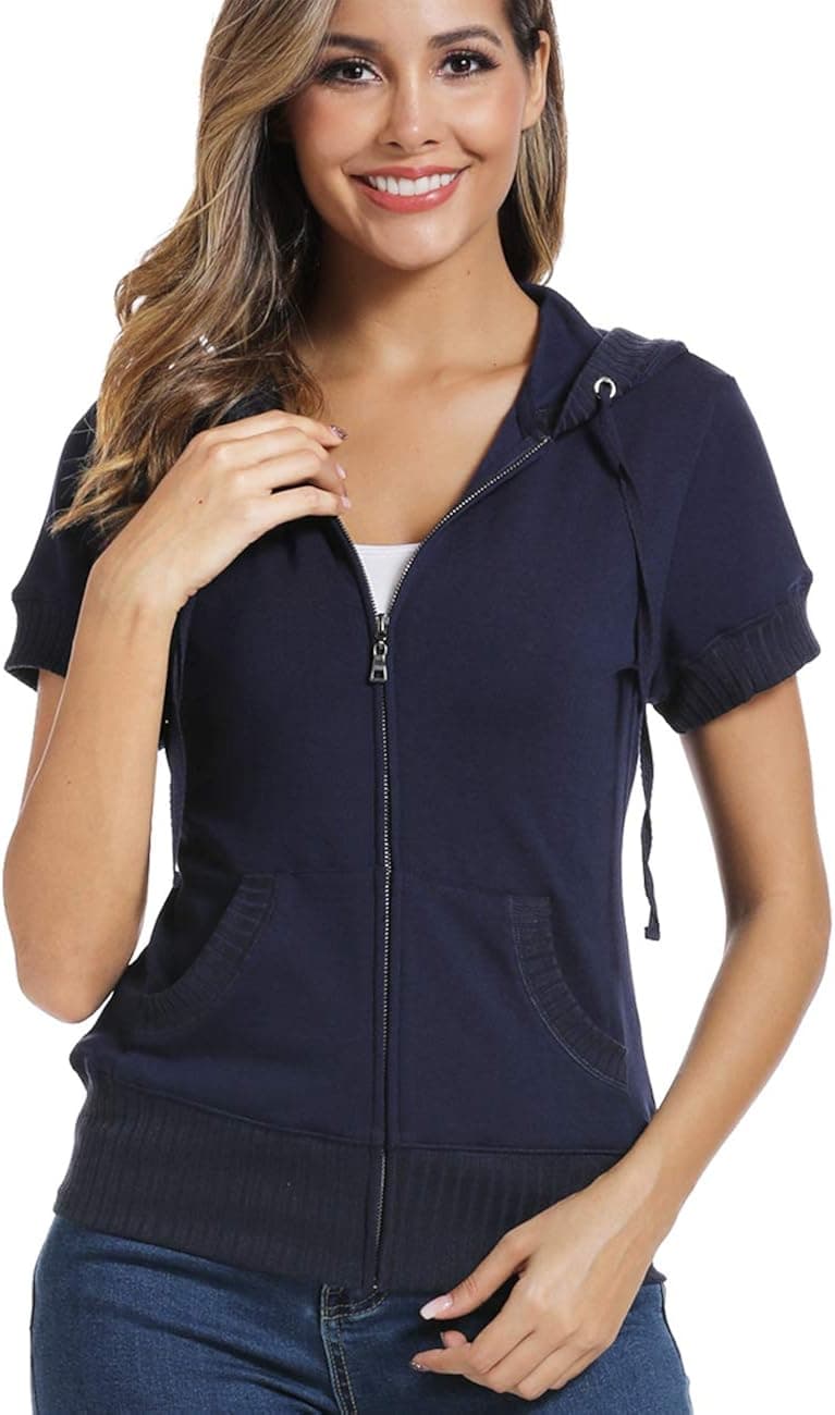 MISS MOLY Women's Short Sleeve Hoodie Full Zip Up Cotton Slim Fit Sweatshirt Kanga Pocket