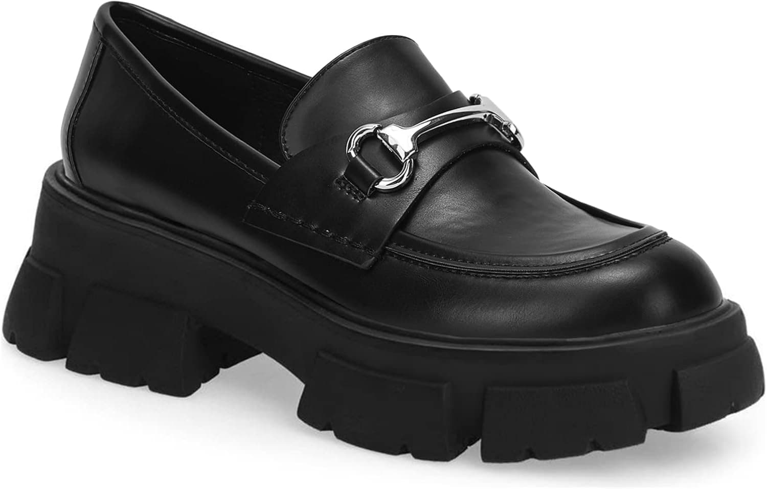 Womens Lug Sole Platform Loafers Anti-Slip Buckled Chunky Block Heel Penny Loafer Flats