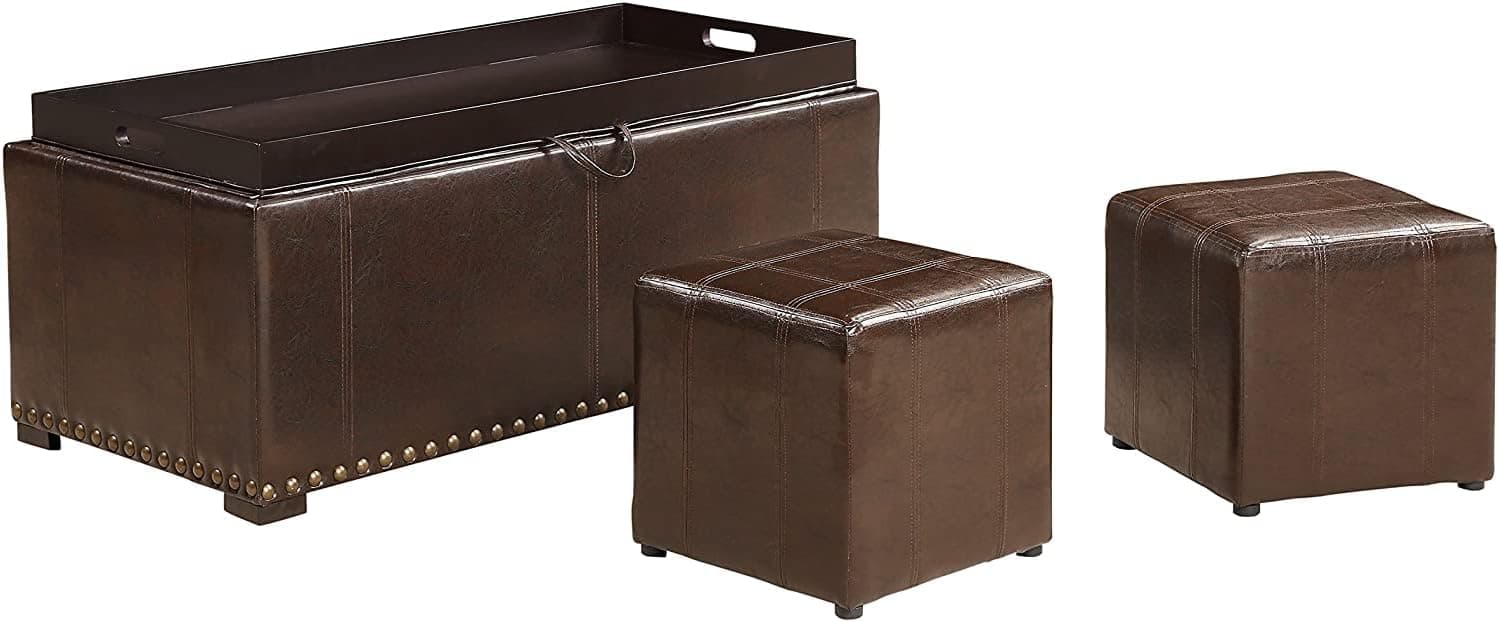 AC Pacific Leather 2 Side Ottomans Storage Bench with, Brown