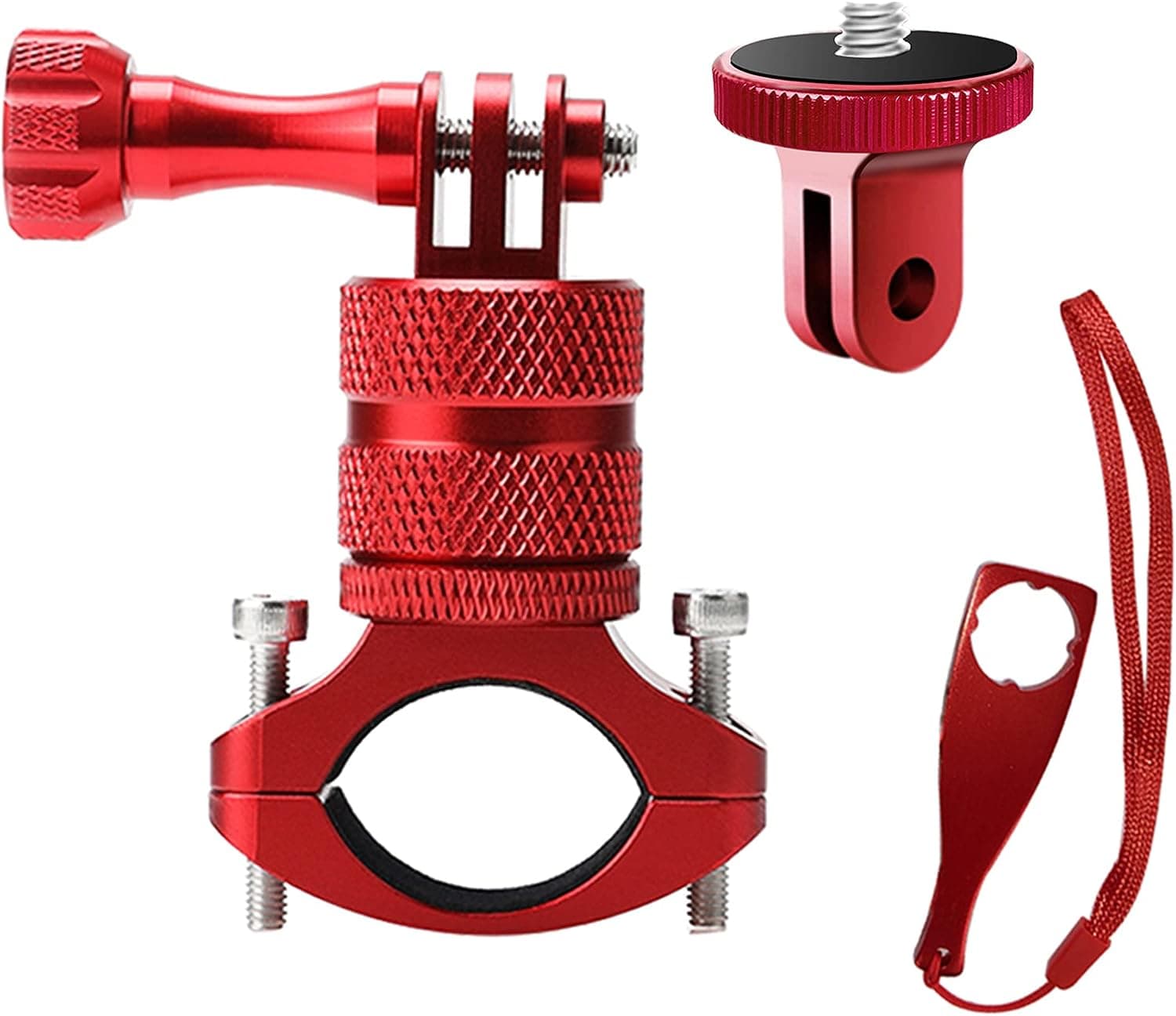 ParaPace Mountain Bike Mount with ¼-20 Adapter for GoPro Hero 10/9/8/7/6/5s/5/4s/4/3+, 360 Degree Rotation Aluminium Bike Handlebar Holder Bicycle Rack Adjuster for Action Camera DJI Xiaoyi CASIO(Red)