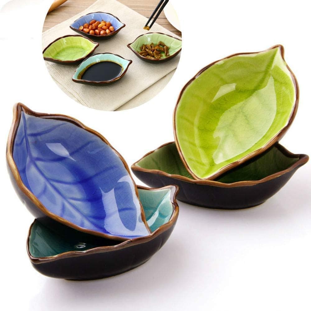 AOWA 4 Pack Ceramic Kitchen Condiment Dish, Leaf Shape Plate for Sauce Salt Vinegar Sugar
