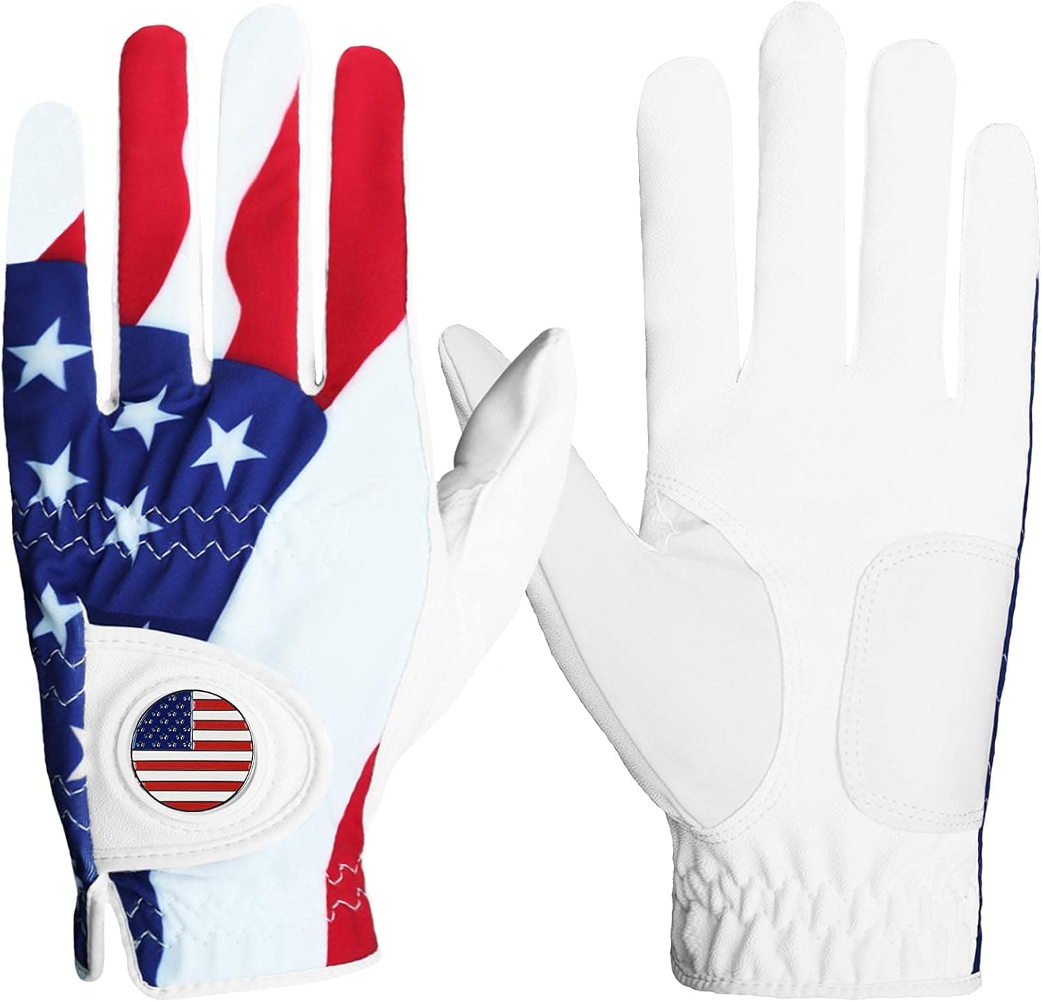 FINGER TEN Golf Gloves USA Flag Blue Camo Plaid Men Left Hand Right with Ball Marker Pack, Mens Leather Golf Glove All Weather Grip, Fit Size Small Medium ML Large XL