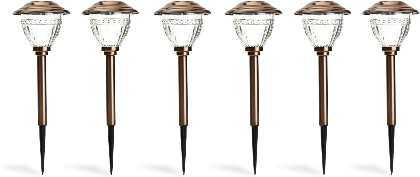 Solar Copper Metal Path Lights, Set of 6, Warm White LEDs, 13" Height, Waterproof, Rechargeable Battery Included