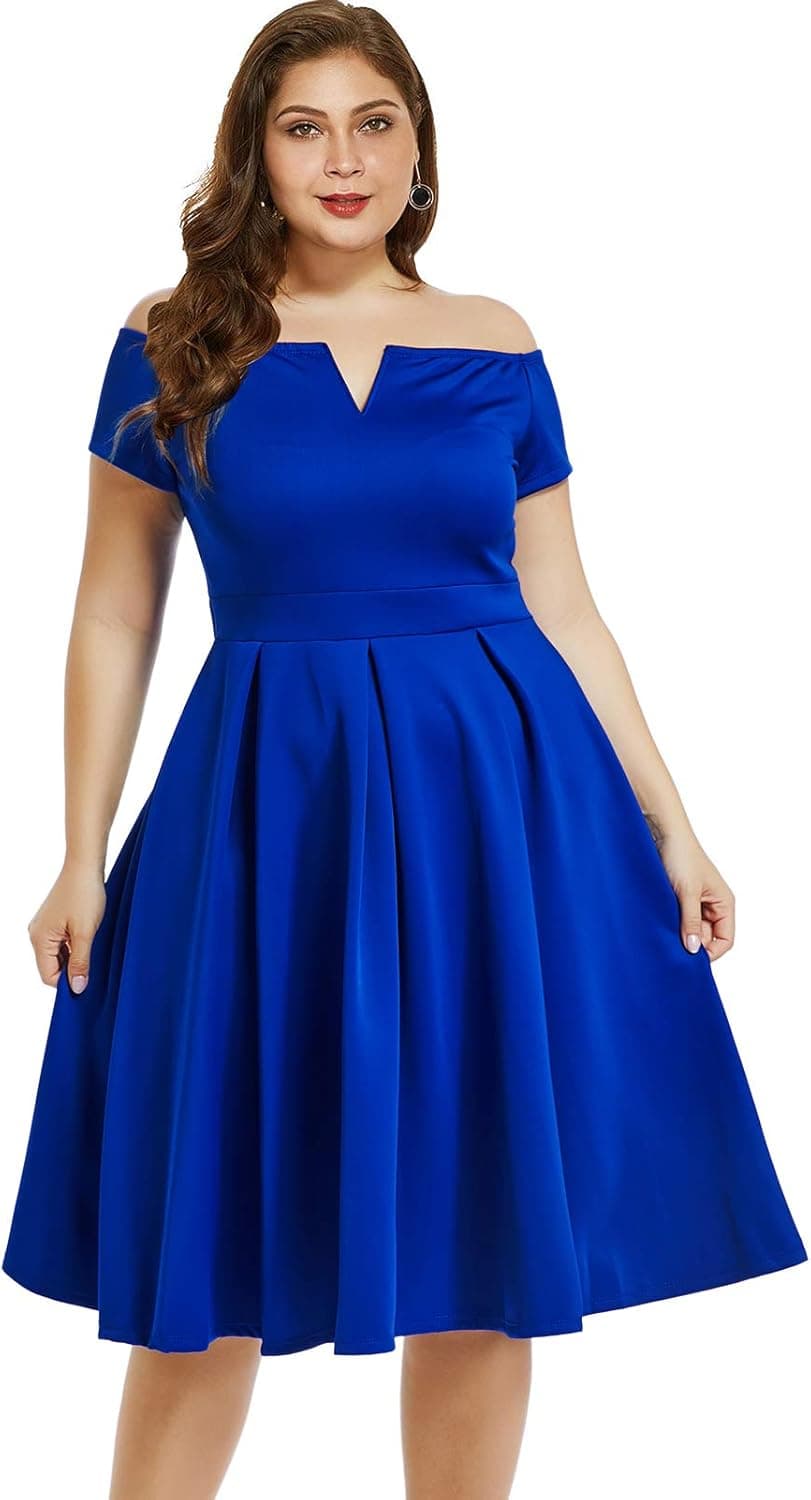 LALAGEN Women's Plus Size Vintage 1950s Party Cocktail Wedding Swing Midi Dress Blue M