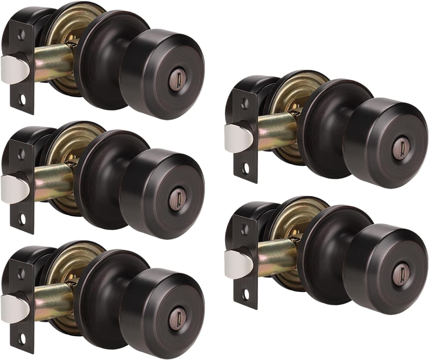 KNOBWELL 5 Pack Cylinder Round Interior Door Knobs Privacy Door Knob, Dark Bronze Locking Door Knob for Bed or Bath Function Interior Door Use