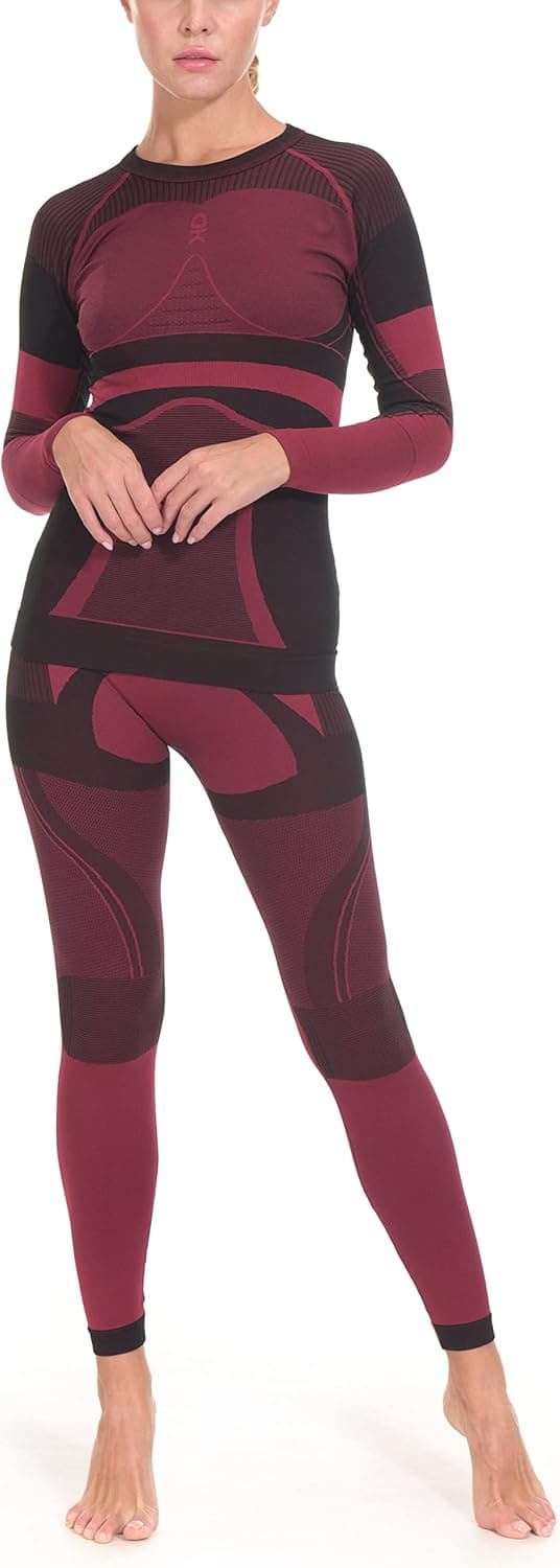 Little Donkey Andy Women's Soft Thermal Underwear Long Johns Set, Winter Warm Knit Compression Baselayer Skiing Top & Bottom Black Red Size XL