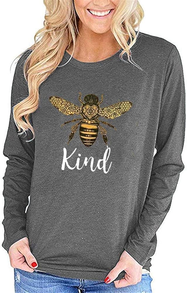 Qianxitang Women's Long Sleeve T Shirt Be Kind Cute Graphic Tops Cotton Crew Neck Funny Shirts Blouses