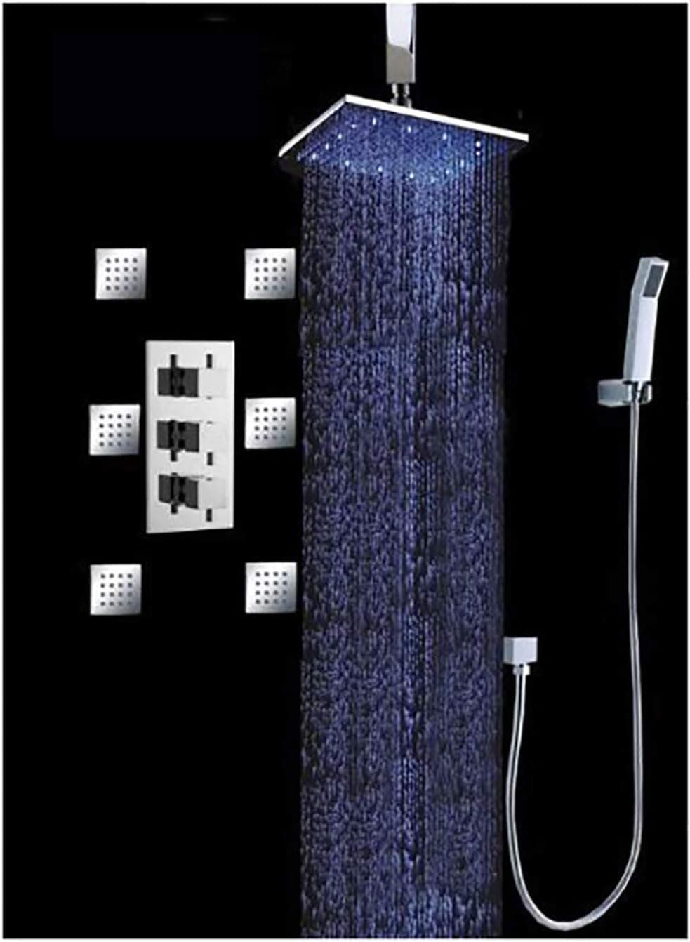 Cascada Luxury Bathroom Shower Set with Luxury Water Power LED Shower Head (Ceiling Mount) Rainfall Thermostatic 6 Massage Jets Spray Body Shower Set (10", Chrome)