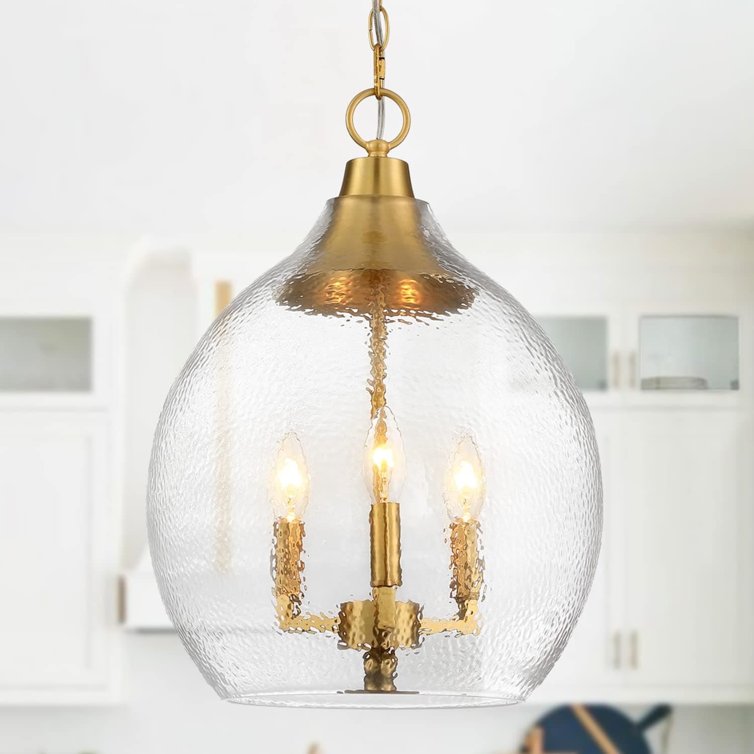 Untrammelife 3-Light Gold Pendant Light 13" Large Globe Pendant Light Fixture with Hand Blown Seeded Glass Shade Single Hanging Chandelier for Kitchen Island Sink, Brushed Brass