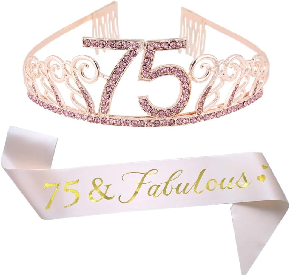 75th Brithday Pink Tiara and Sash, 75 & Fabulous Glitter Satin Sash and Crystal Rhinestone Birthday Crown for Happy 75th Birthday Party Supplies Favors Decorations 75th Birthday Cake Topper
