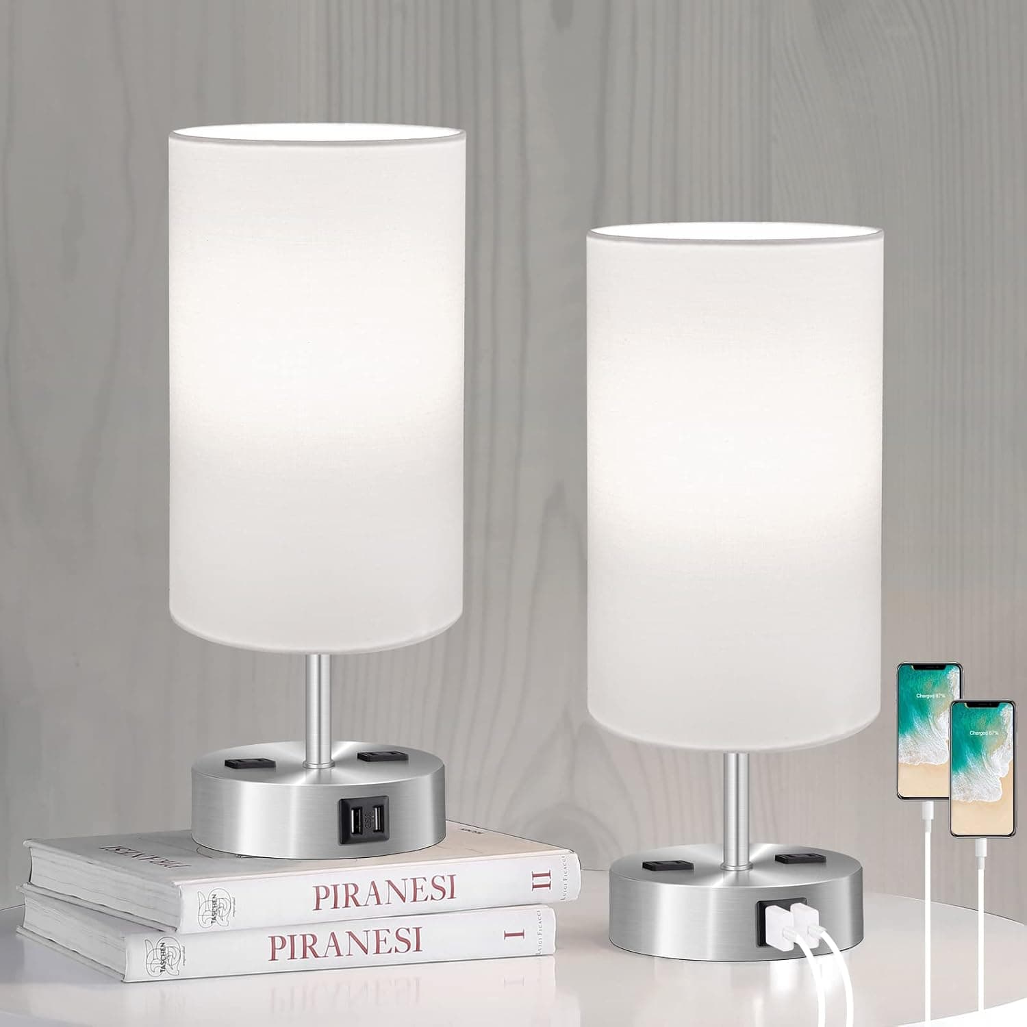 Touch Control Table Lamp Set of 2, 3-Way Dimmable Bedside Nightstand Lamps with 2 USB Ports & 2 AC Outlets, Modern Tabletop Lamps with White Shades, Desk Lamp for Bedroom Living Room, 2 Bulbs Included