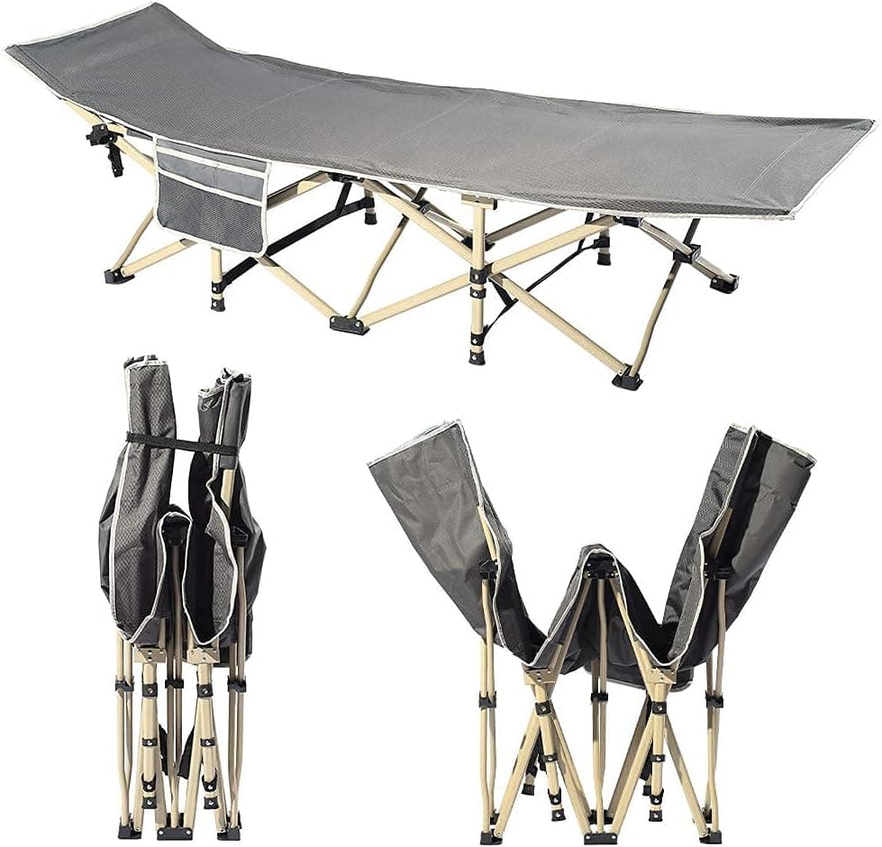 Camping Cot Max Load 450 LBS 1 Side Large Pockets Extra Wide Sturdy Portable Foldable Outdoor Bed for Adults Kids for Camping Beach BBQ Hiking Backpacking Office (Grey)