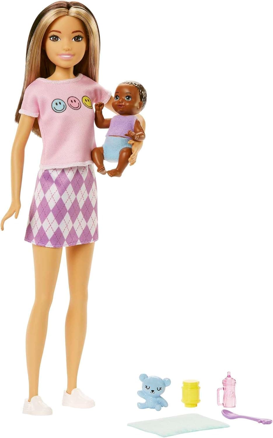 Barbie Skipper Babysitters Inc Doll & Accessories Set, Doll with Two-Tone Hair & Argyle Skirt, Baby Doll & 5 Pieces