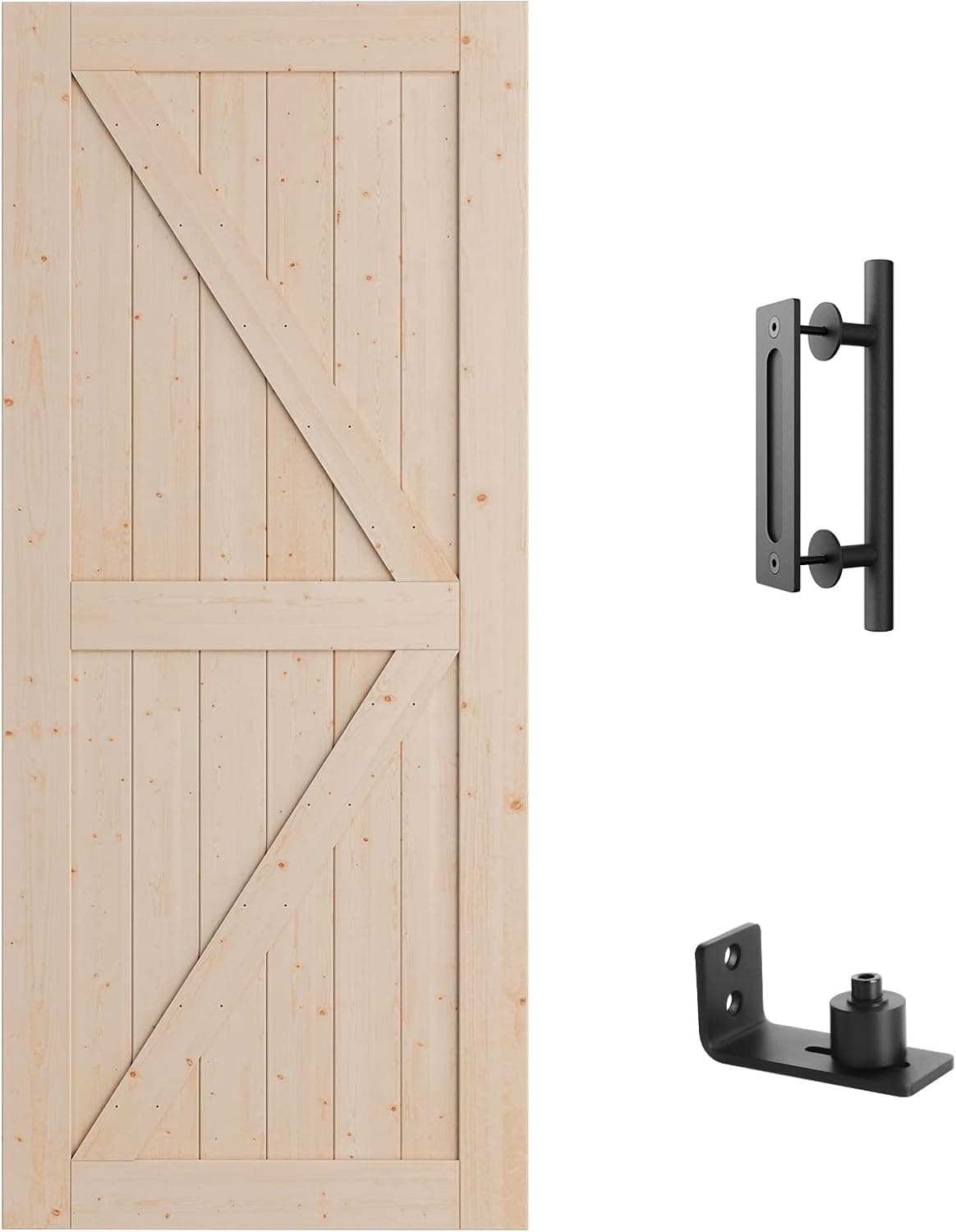 SmartStandard 36in x 84in Barn Door Kit, (2-Panel Sliding Door & Pull and Handle Set & Floor Guide), Pre-Drilled Ready to Assemble, Natural Unfinished Solid Wood Door, K-Frame (Fit 6FT -6.6FT Rail)