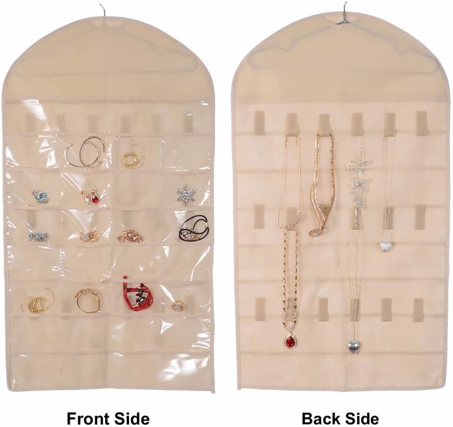 Pockets and Hooks Dual Sided Non Woven Jewelry Necklace Earrings Bracelets Rings Accessories Hanging Storage Organizer Bag Wall Mounted Hanger Holder Clear Display Collapsible (32 Pockets-Ivory)